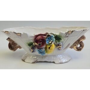 Vintage Tilso Japan Hand Painted Ceramic Planter Fruit Flowers Gold Trim Oval
